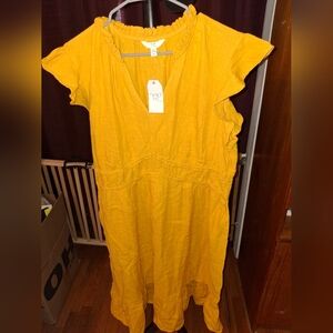 Time and Tru Orange Yellow V-Neck Ruffle Sleeve Dress